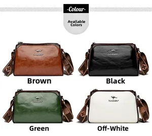 Detail view of colorful oil wax leather handbags in brown, black, green and beige options