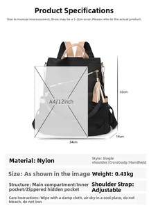 Detailed size chart for black nylon backpack with 34x32x14cm dimensions and weight info