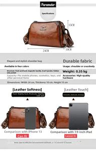 Detailed size specifications for brown leather pillow bag measuring 24cm x 10cm x 15cm