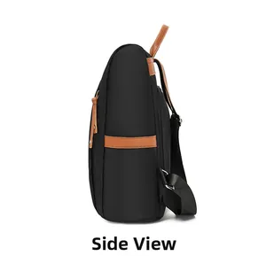Side view of anti-theft waterproof oxford backpack with brown leather accents
