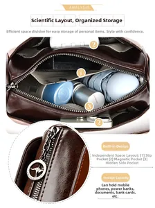 Detail view of brown wax leather bag showing multi-layered internal storage and zipper