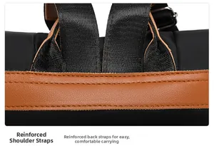 Detailed macro view of reinforced leather strap stitching on waterproof nylon backpack