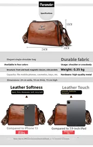 Detailed size specifications and interior pocket layout of brown wax leather shoulder bag
