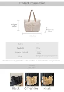 Size guide for large nylon tote bag showing dimensions and three available colors