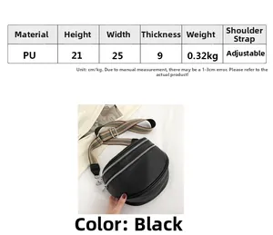 Size specification chart for black crescent PU crossbody bag with dimensions and weight
