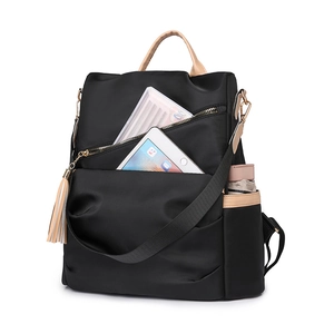 Women's black nylon backpack with brown leather accents and multi-pocket large capacity