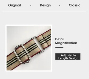 Detail of adjustable tricolor striped fabric shoulder strap with silver metal buckle