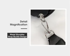 Detail magnification showing silver metal strap buckles and black lychee grain leather