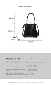Detail view of black shell bag showing PU texture, dimensions, and adjustable strap