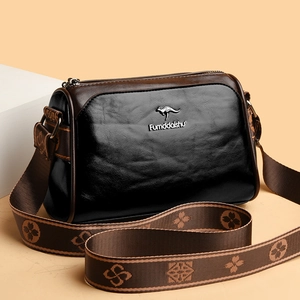 Vintage color-block oil wax leather pillow bag with stylish wide patterned shoulder strap
