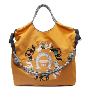 Borsa tote gialla in tessuto oxford con ricamo e manici in corda pied de poule