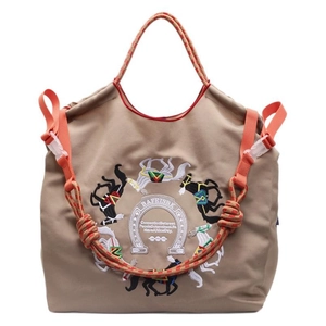 Elegante borsa tote kaki con ricamo a cavallo e manici in corda colorata da donna