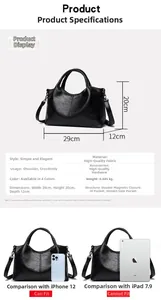 Detail view of large black leather bag with 29cm width, 20cm height and 12cm thickness