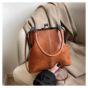 Close-up of brown vintage shell handbag with metallic doctor bag clasp and smooth handle
