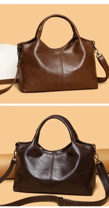 Detail view of brown and dark coffee faux leather tote bags with adjustable straps
