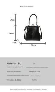 Detail view of black PU leather bag with white stitching and dimensions illustration