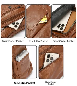 Brown PU leather shoulder bag showing multiple zipper compartments and storage layout