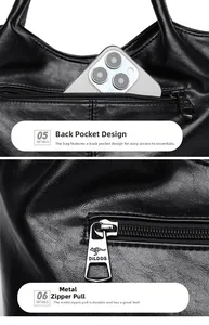 Detail of high-quality black leather handbag featuring a secure back zipper pocket