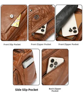 Detailed view of brown PU leather shoulder bag with multiple zippered pockets and compartments