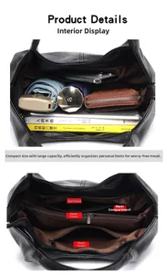 Detail showing the spacious interior and multiple zip pockets of the black soft leather tote