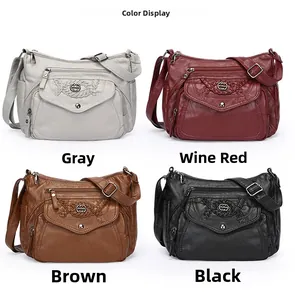 Detailed grid view of multi-pocket soft leather crossbody bags in four classic colors