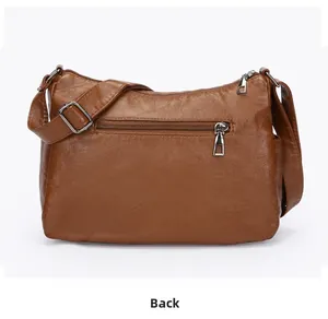 Detailed back view of brown PU leather shoulder bag featuring functional zipper pocket