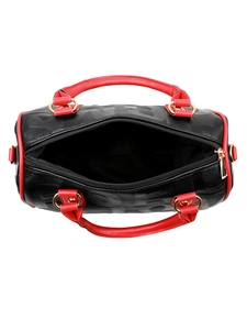 Top view of spacious leather handbag with black embossed letters and red trim accents