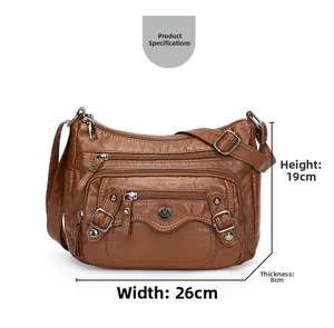 Brown soft PU leather crossbody bag dimensions 26x19x8 cm with multi-zipper detail