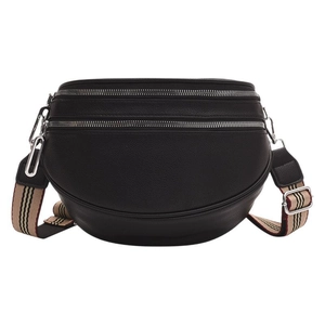 Black quilted crescent crossbody bag with lychee texture and striped nylon strap