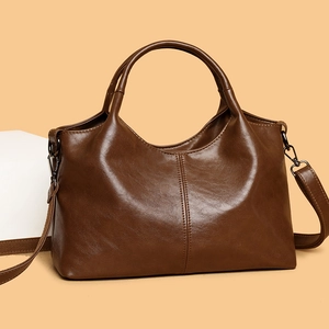 Large capacity dark brown soft leather tote bag with handles and adjustable strap