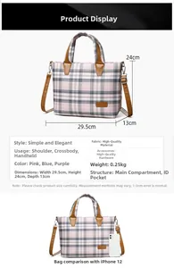 Detailed dimensions and internal layout of the pink plaid tote bag with brown PU straps