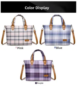 Three plaid tote bags in pink, blue, and purple with brown leather straps and handles