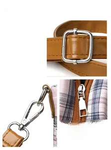 Detailed shot of pink plaid fabric with premium silver hardware and leather strap