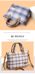 Close-up of checkered tote bags with leather handles and metallic zipper details