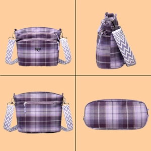 Detail views of purple plaid shoulder bag with wide strap and kangaroo logo