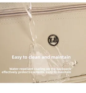 Macro detail of waterproof coated fabric showing water resistance and metal LS logo buckle