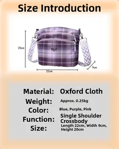 Size guide for plaid canvas shoulder bag showing 22x9x20cm dimensions and oxford fabric detail