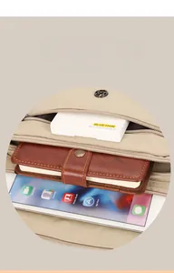Detail of multi-compartment crossbody bag showing large capacity for tablet and wallet