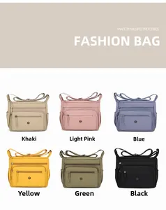 Detail of multi-pocket nylon crossbody bags shown in six vibrant solid colors