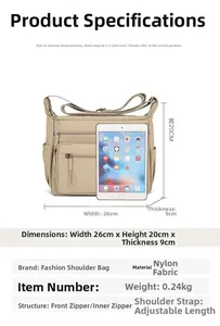 Size guide for khaki nylon shoulder bag showing 26x20x9cm dimensions with tablet reference
