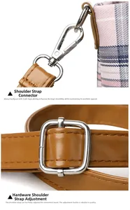 Detail of adjustable silver buckle and metal lobster clasp on plaid tote bag strap