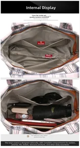 Detail of checkered tote bag interior showing spacious main compartment and storage capacity