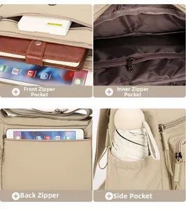 Detail view of khaki multi-pocket bag showing zipper compartments and umbrella side pocket