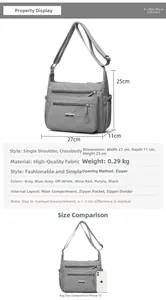 Detailed view of gray nylon crossbody bag dimensions 27x11x25cm with multiple pockets