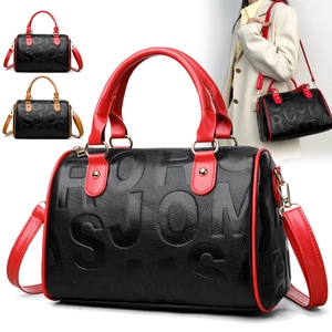 Boston Handbag PU Leather Litchi Grain Embossed Letters Contrast Color Crossbody Bag With Detachable Shoulder Strap