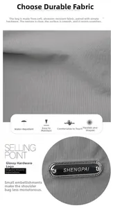 Detailed view of water-resistant gray nylon fabric with a metallic SHENGPAI logo plaque
