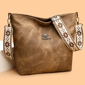 Sac Bandoulière Grande Capacité Pour Femmes Cuir PU Texture Lavée Large Bandoulière Brodée Sac À Épaule Décontracté