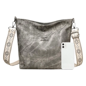 Sac bandoulière gris grande capacité avec sangle jacquard et texture cuir PU vintage