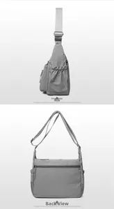 Front and back views of gray nylon shoulder bag showing side pockets and rear zipper