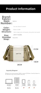 Detailed dimension guide for Oxford cloth crossbody bag measuring 28x21x10cm with multi-pockets